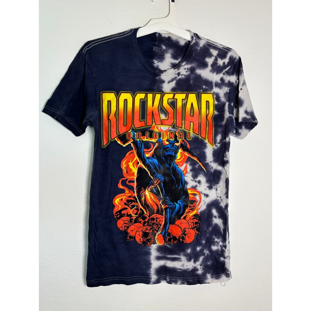 Rockstar Original Mens Blue Tie Dye Reaper Skull Graphic T-Shirt Small